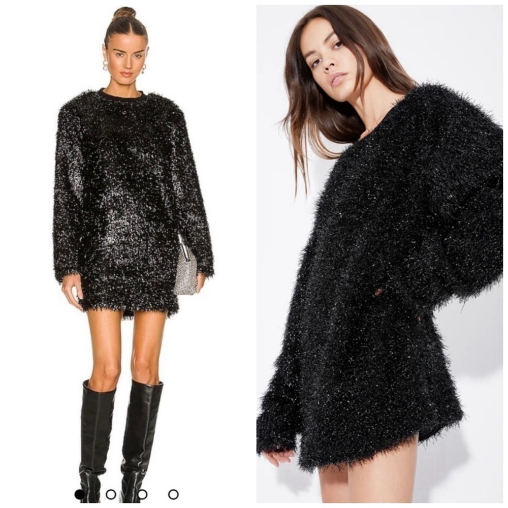 RtA Corina Eyelash Long Sleeve Mini Sweater Dress in Sparkle Black Small